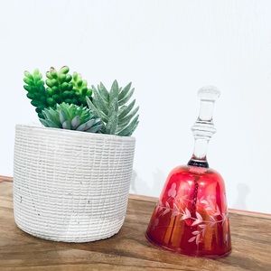 Vintage Dinner Bell Cranberry Ruby Red Etched Floral Glass